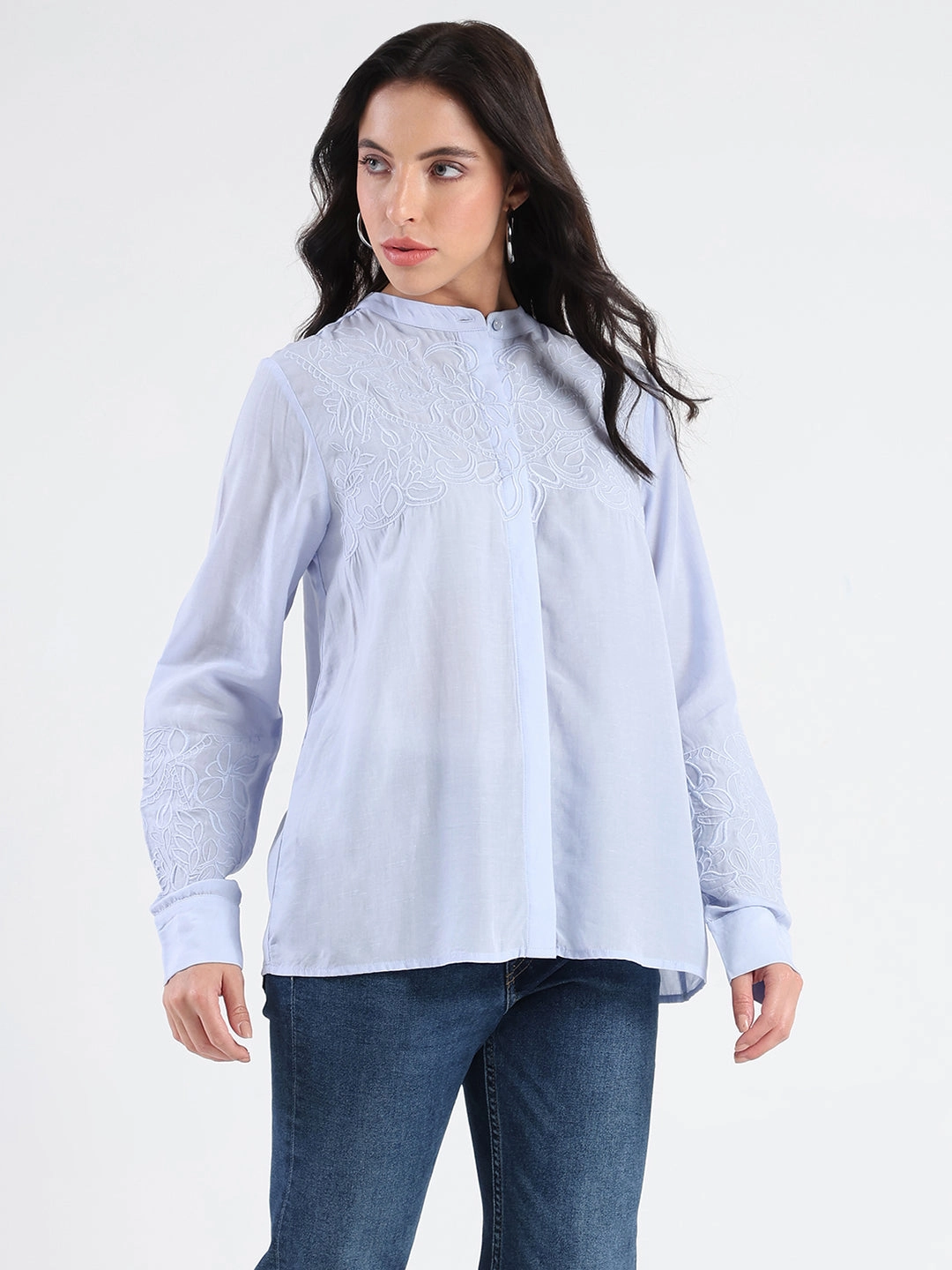 adult clothing Current Style Madame Tencel Blend Embroidery Detail Blue Shirt