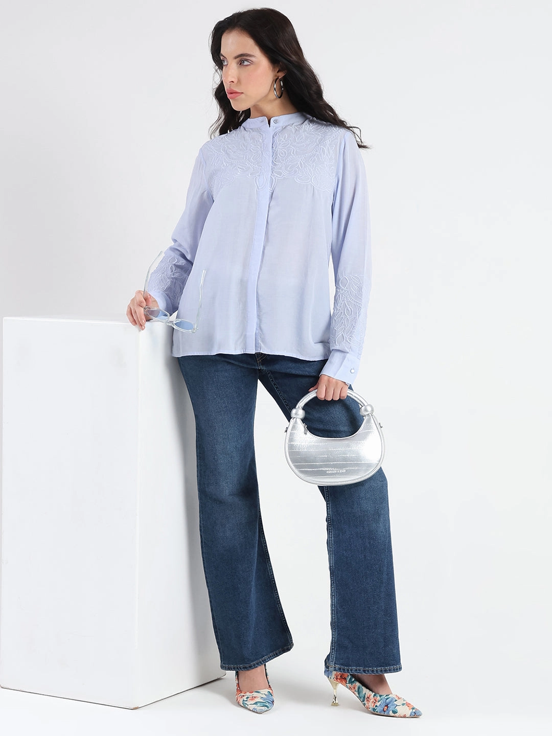 Mesh Insert Madame Tencel Blend Embroidery Detail Blue Shirt