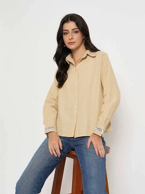 Business casual Madame Textured Embroidered Accents Beige Shirt