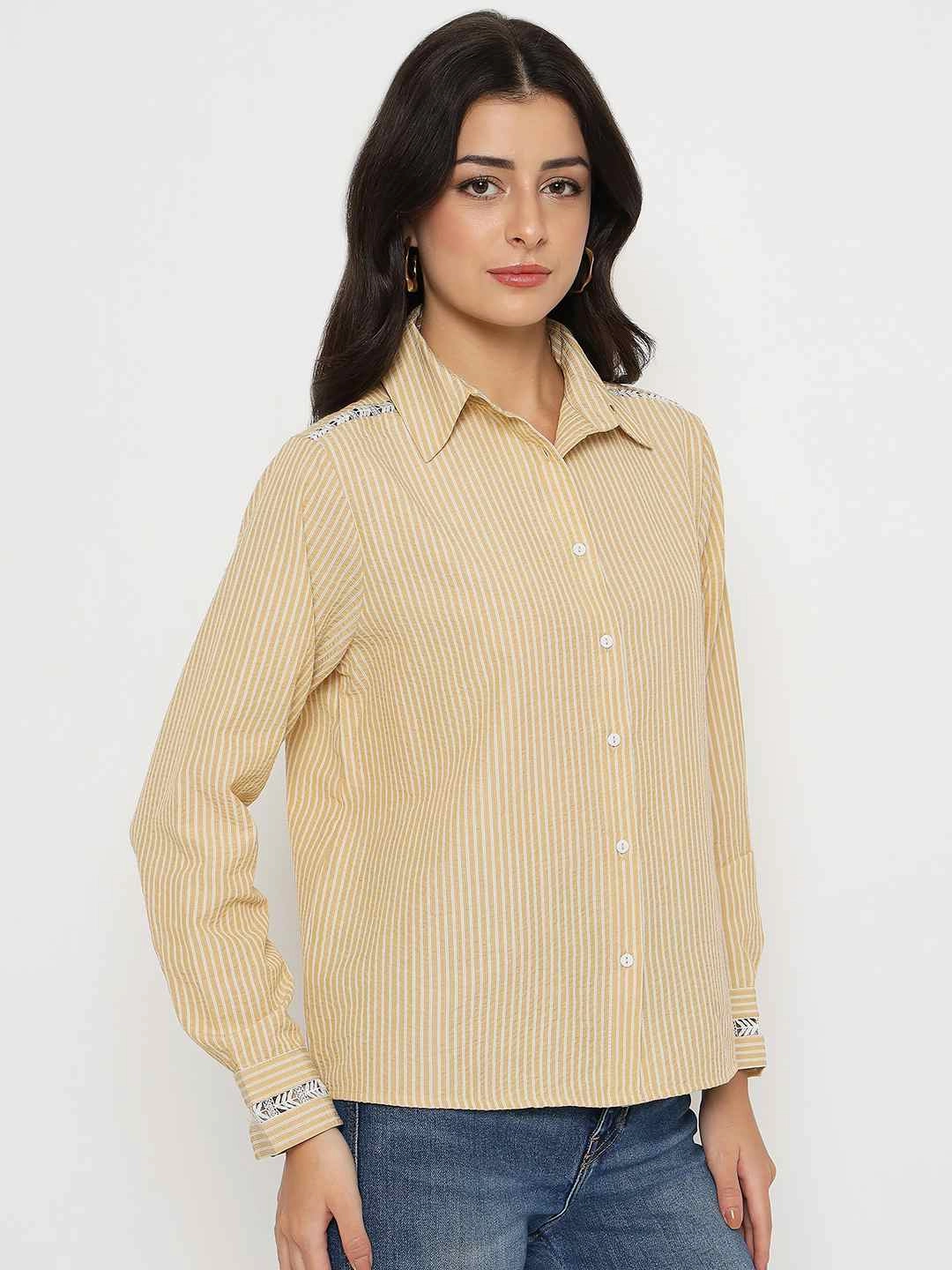 Tailored Style Madame Textured Embroidered Accents Beige Shirt