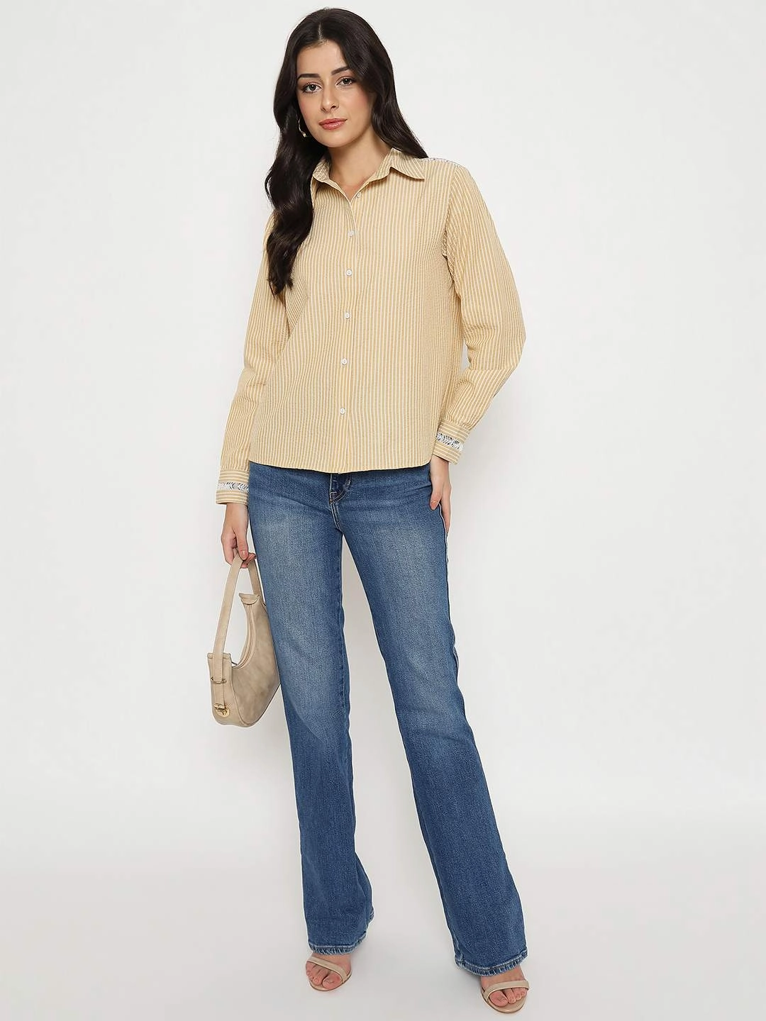 Madame Textured Embroidered Accents Beige Shirt Work From Home Anniversary Celebration