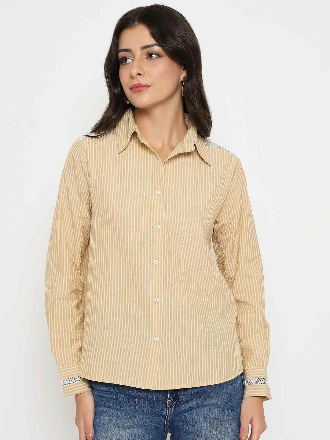 Madame Textured Embroidered Accents Beige Shirt Seamless Shoulder Construction