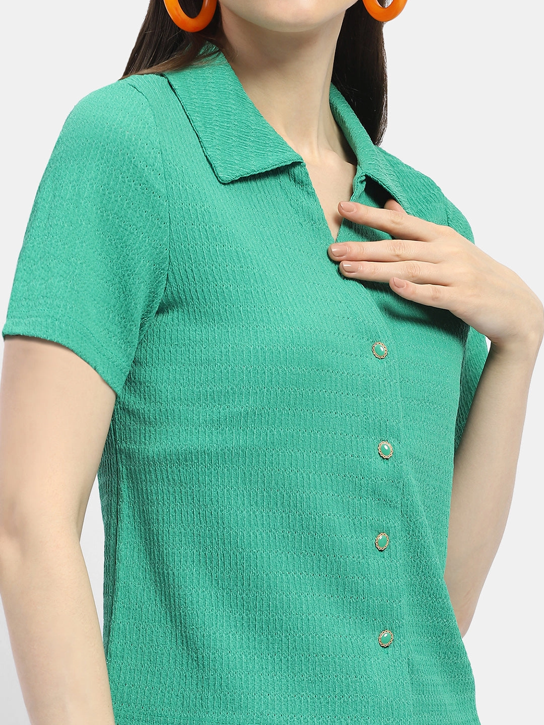 Minimalist Closure Madame Textured Green Half Sleeve Shirt