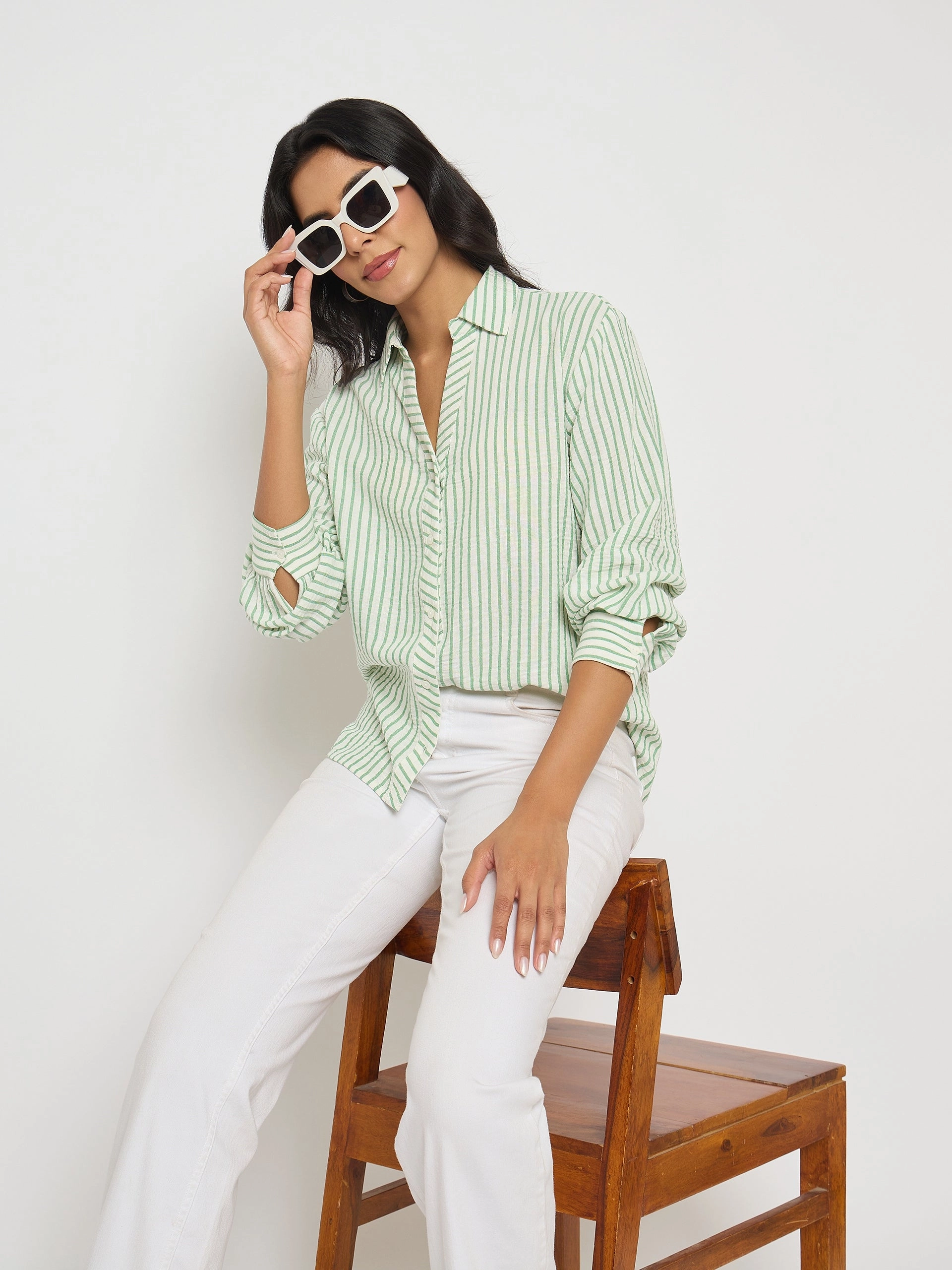 Flexible Movement Soft Stretch Collar Madame Textured Green Striped Shirt