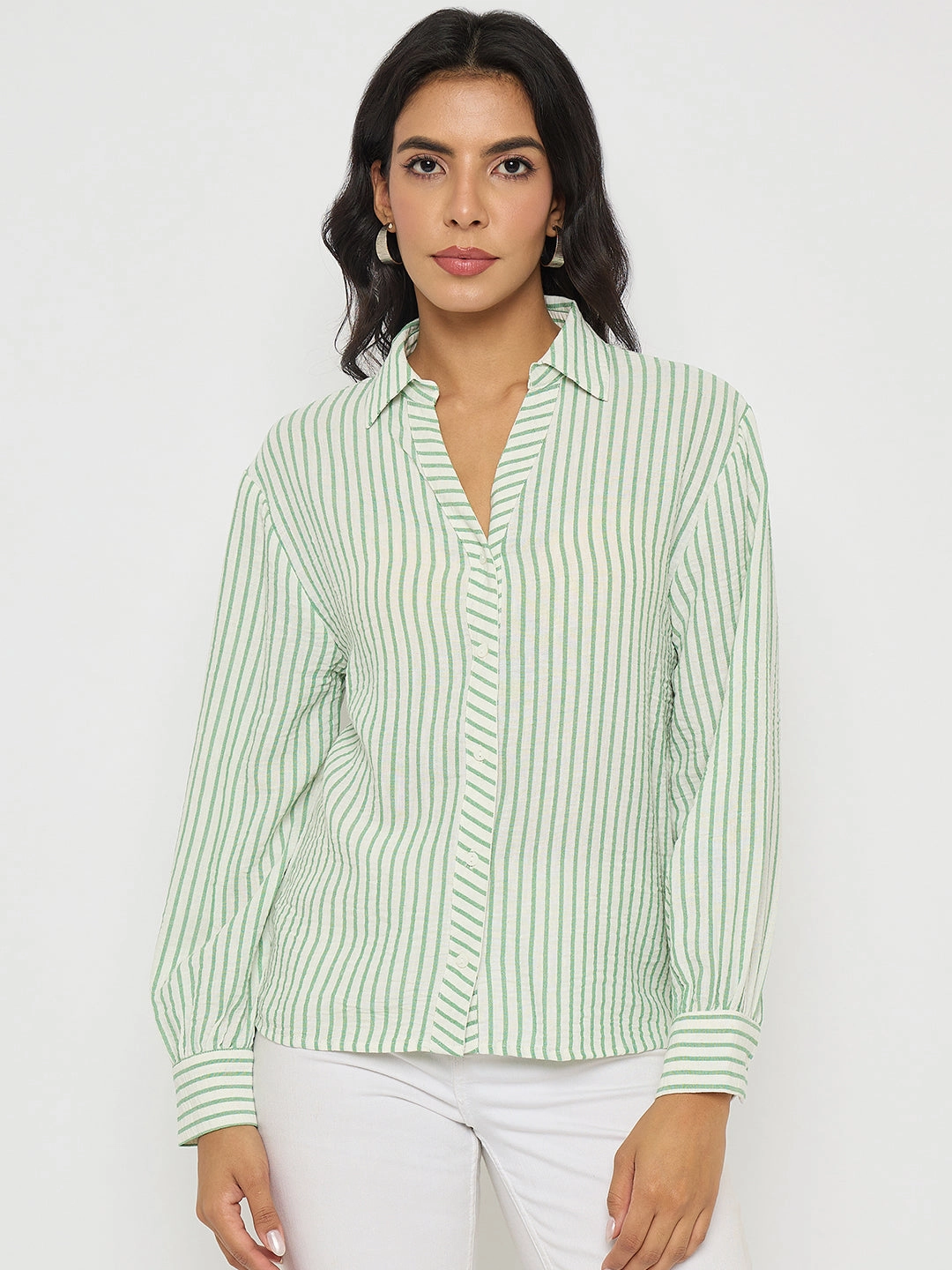 Madame Textured Green Striped Shirt Flexible Placket Structure