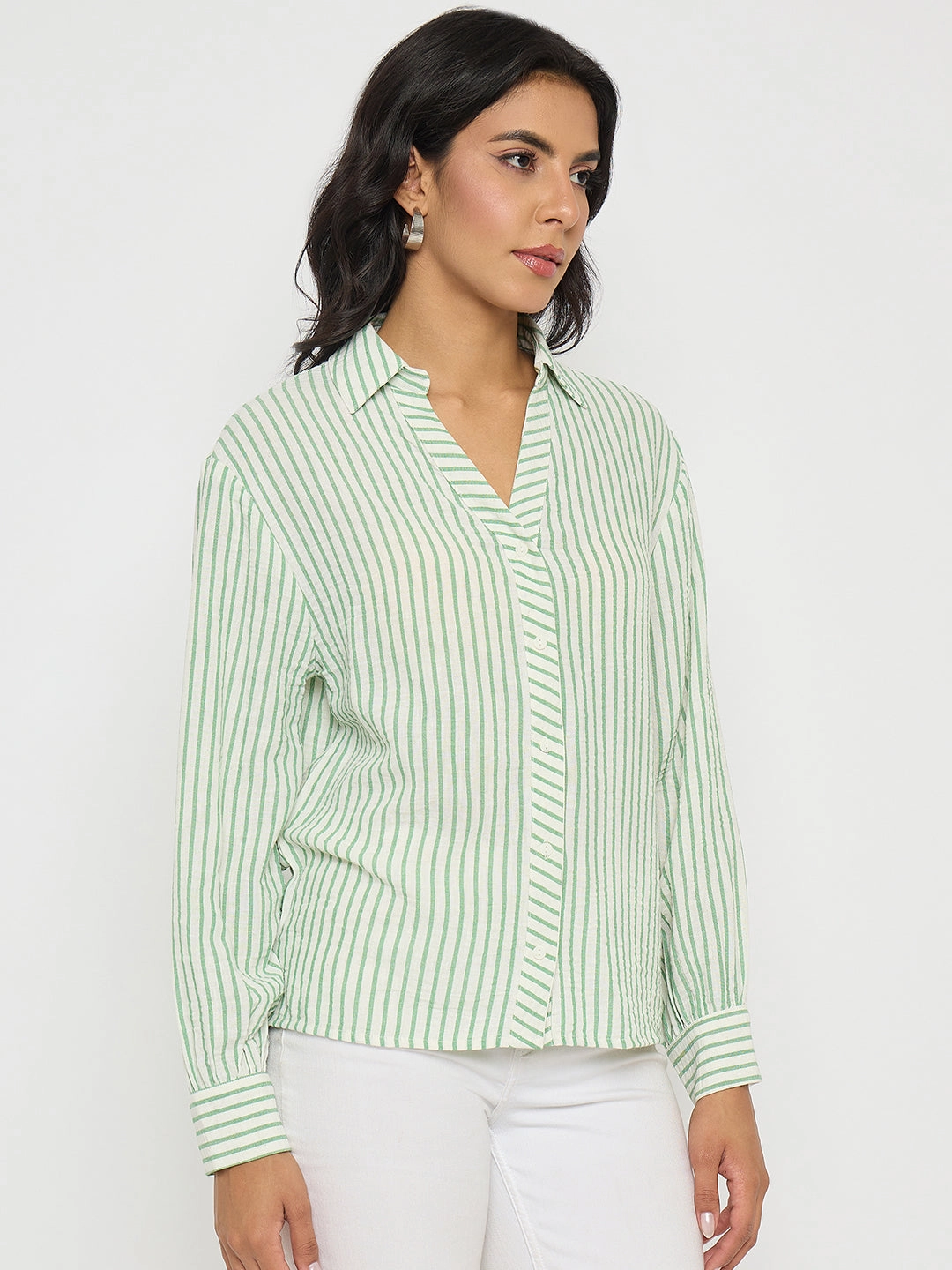 Anti-static Fashion Comfort Madame Textured Green Striped Shirt