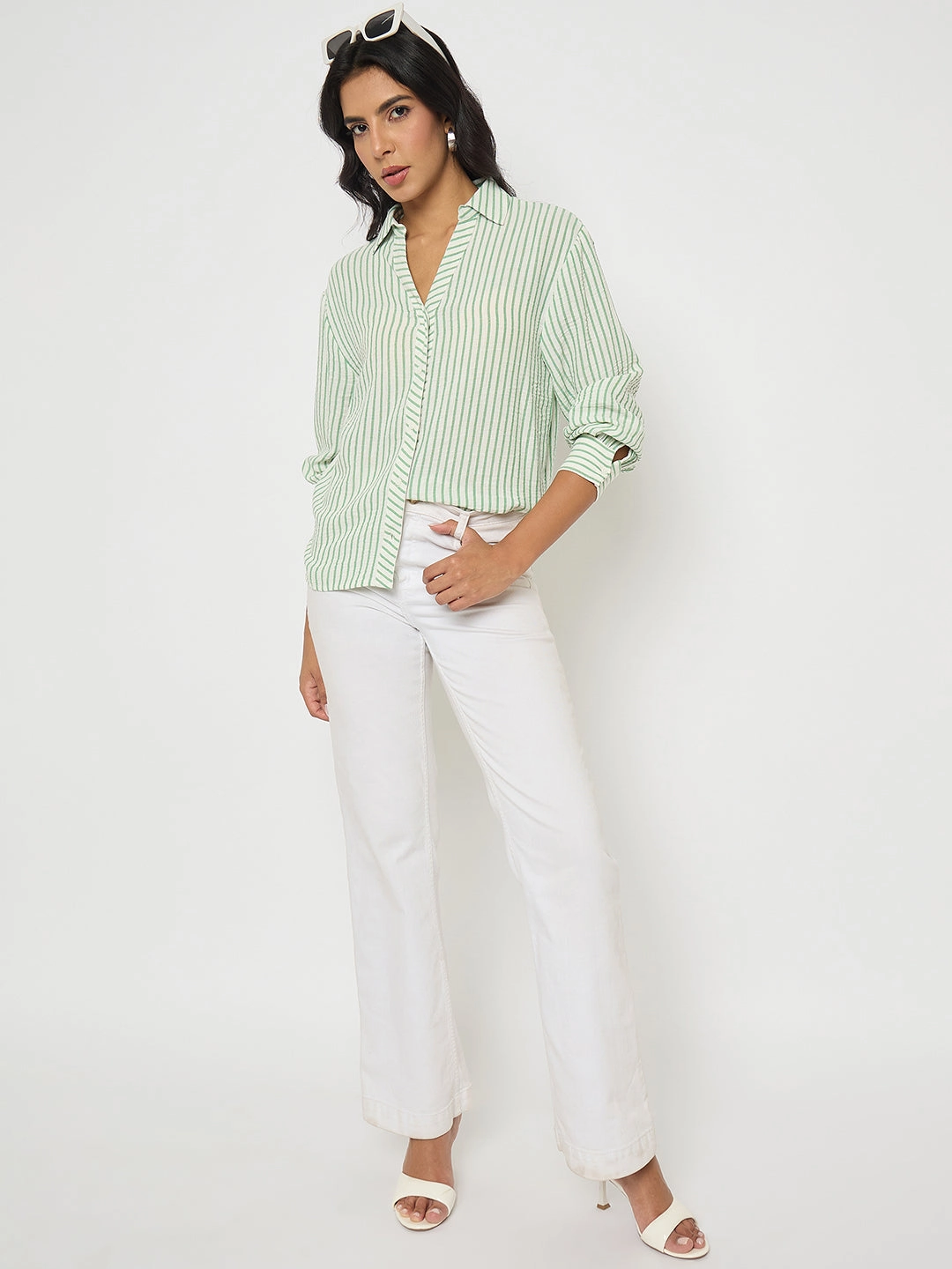 Madame Textured Green Striped Shirt Chill Wear
