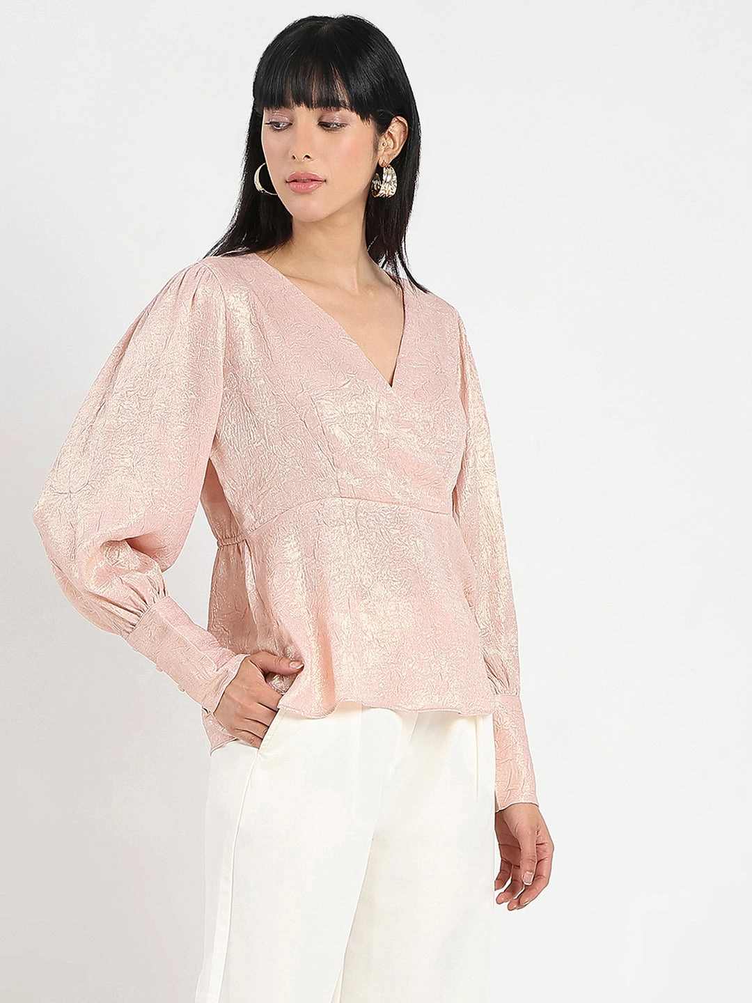 Madame Textured Pleat Detail Cinch Waist Peach Top Comfortable Look Tencel Lyocell Fiber