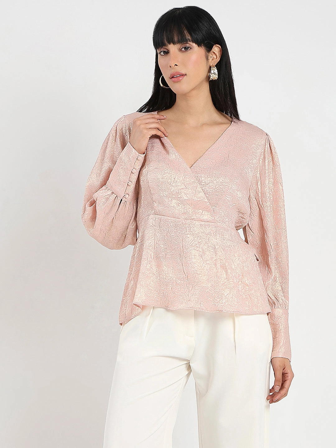 Sustainable Production Certified V Neck Design Madame Textured Pleat Detail Cinch Waist Peach Top