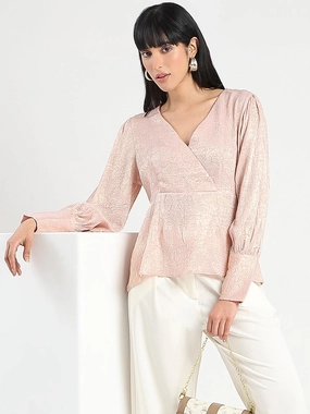 AntiPill Texture Cozy Blouse Madame Textured Pleat Detail Cinch Waist Peach Top