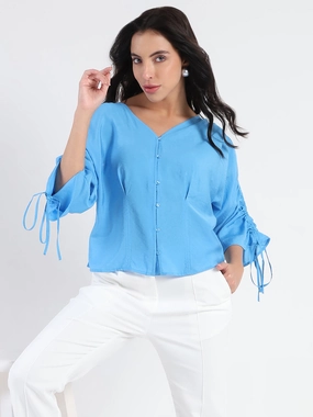 Madame Textured Ruched Sleeve Powder Blue Nylon Blend Top Reinforced Elbow Patches