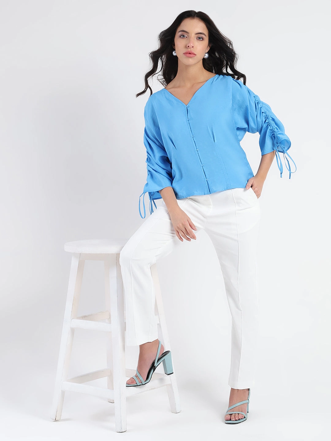 Madame Textured Ruched Sleeve Powder Blue Nylon Blend Top BreathableBackVents WrinkleResistantWeave