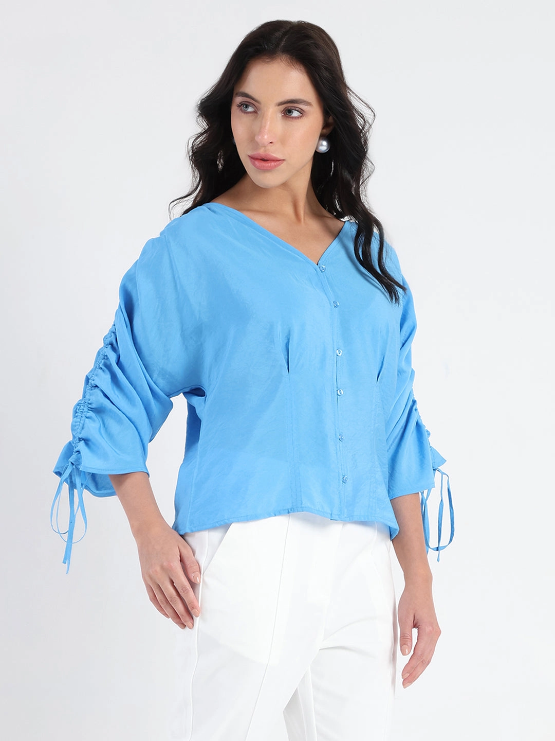 Madame Textured Ruched Sleeve Powder Blue Nylon Blend Top FlexibleRibbedTrims