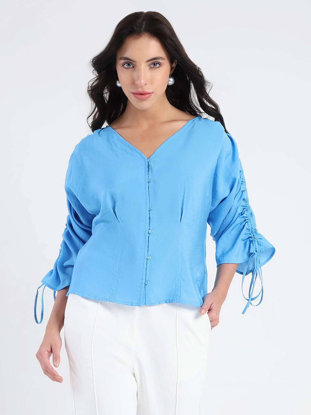 GarmentWashed Texture Madame Textured Ruched Sleeve Powder Blue Nylon Blend Top