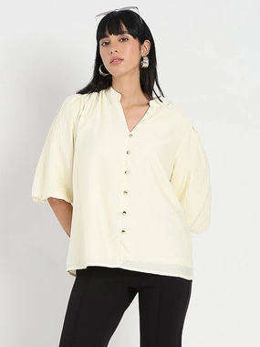 Madame Textured Ruffle Neck Rayon Blend Off White Top FlexibleSole