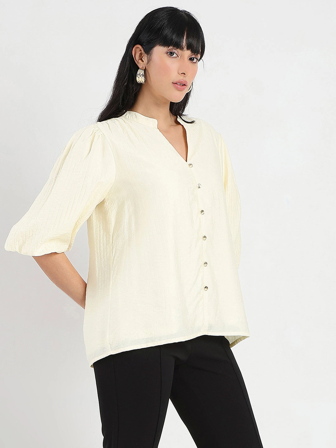 HighNeckCut Madame Textured Ruffle Neck Rayon Blend Off White Top