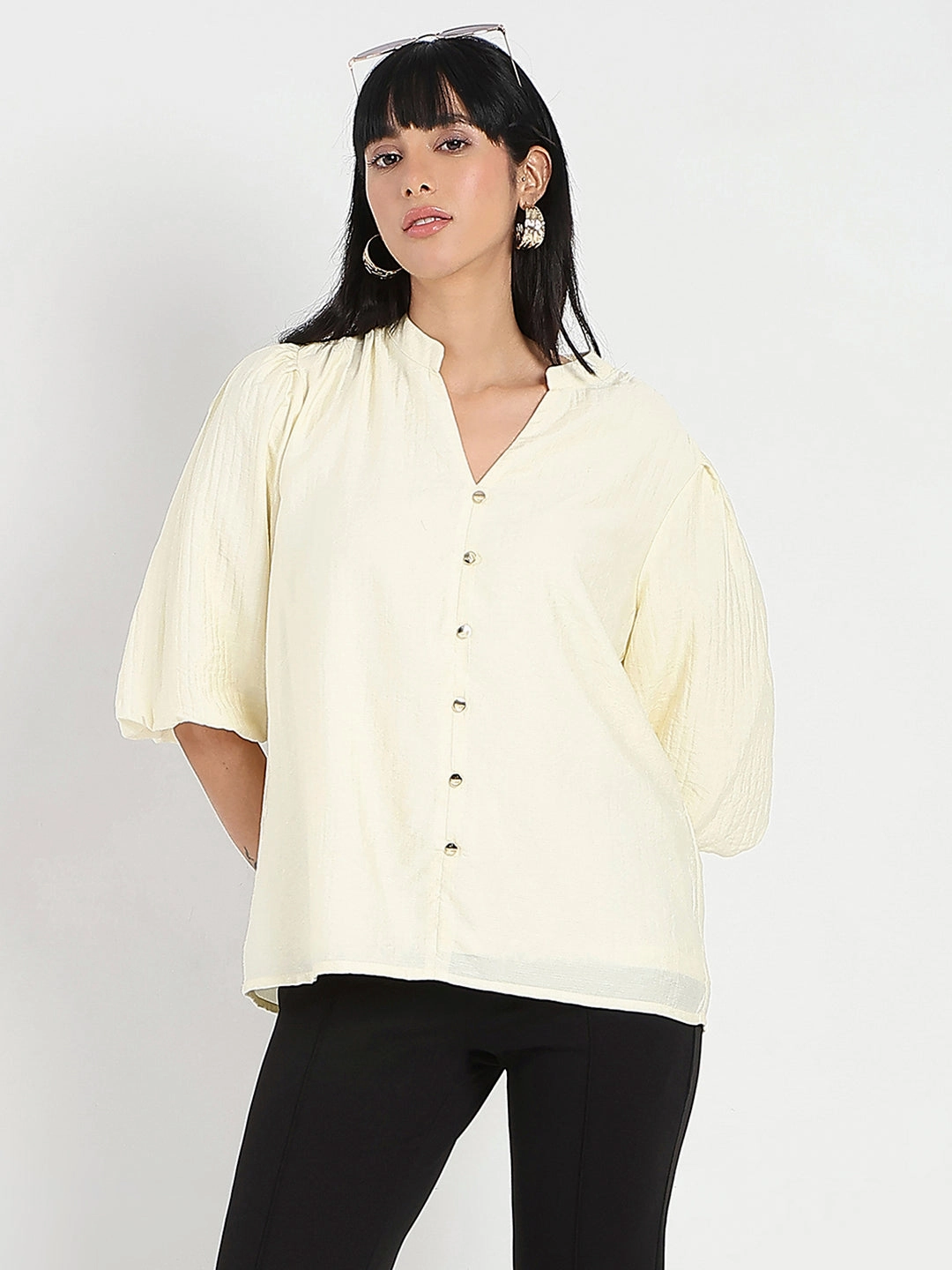 Madame Textured Ruffle Neck Rayon Blend Off White Top FlexibleSole
