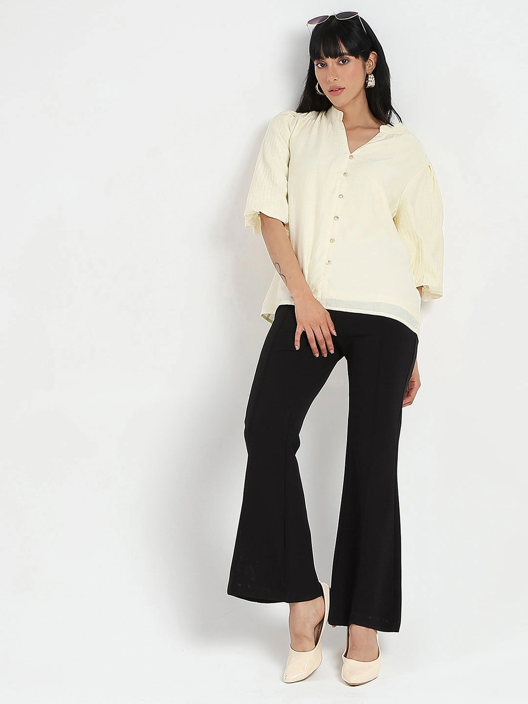 Madame Textured Ruffle Neck Rayon Blend Off White Top Active Wear Placket Detailing