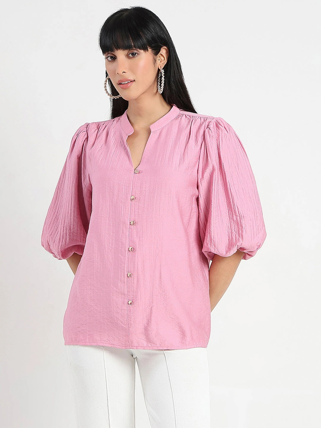 Interlock Weave DoubleLayeredFabric Madame Textured Ruffle Neck Rayon Blend Pink Top