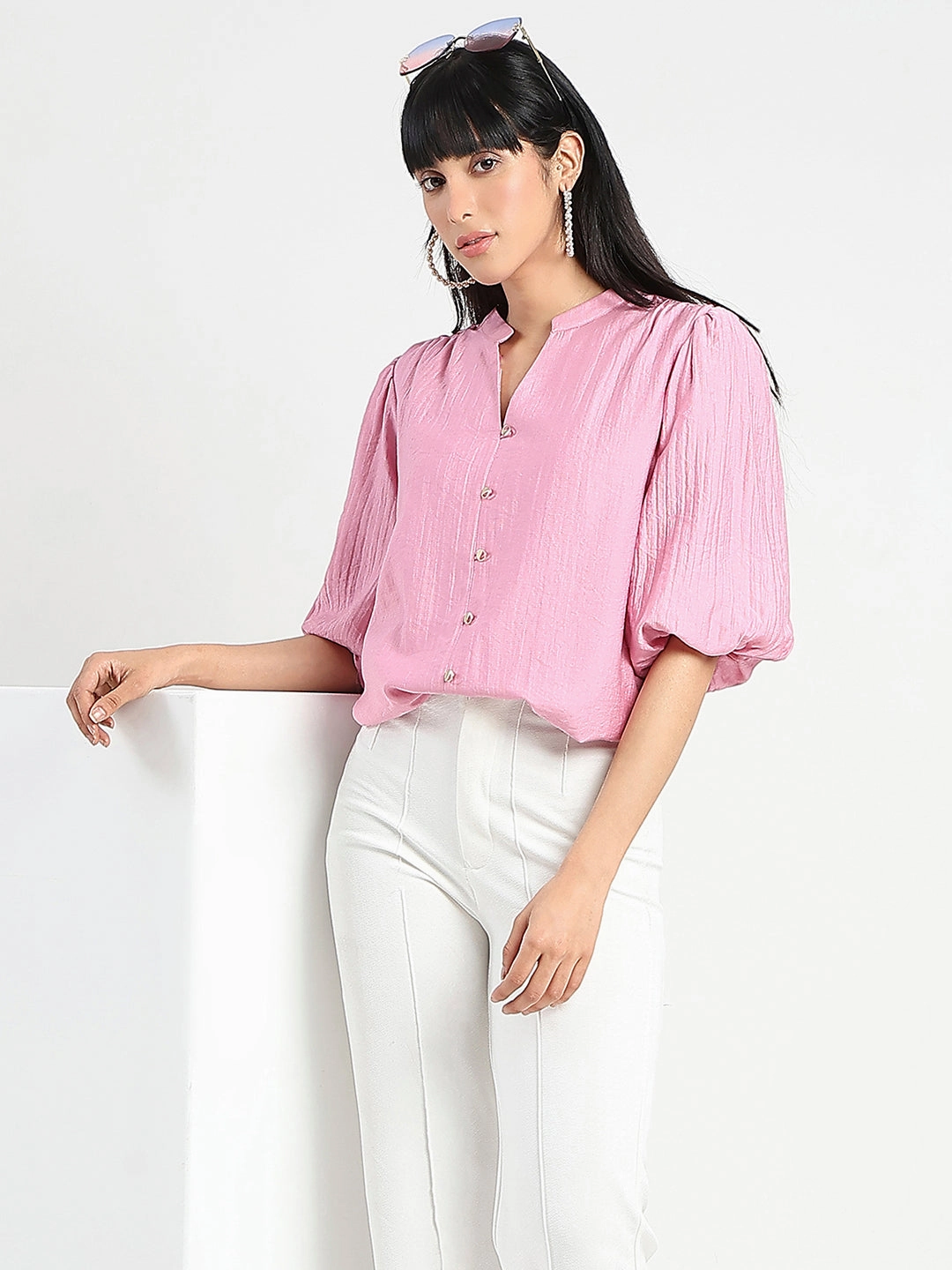 Madame Textured Ruffle Neck Rayon Blend Pink Top NonIrritating Stitching