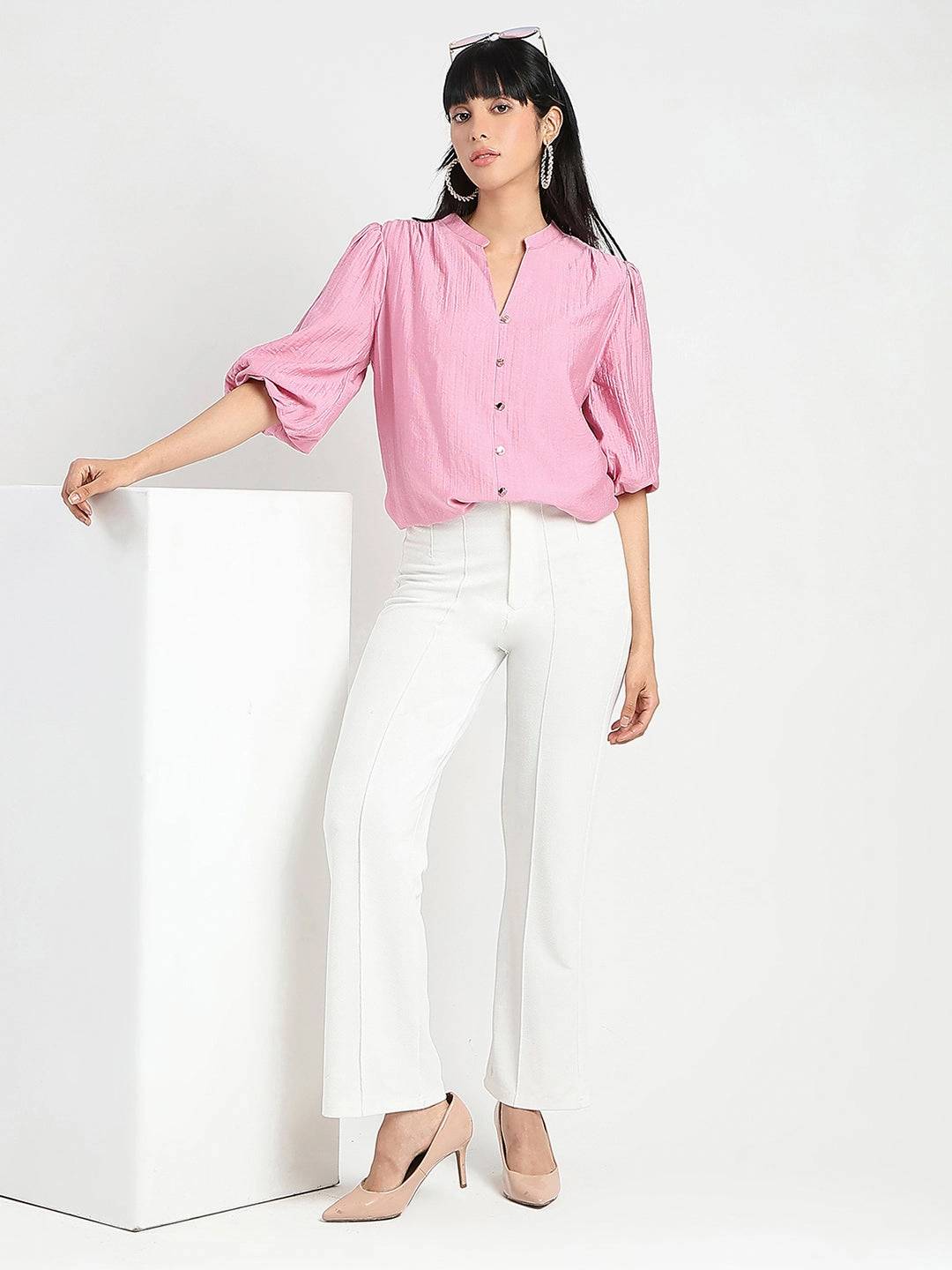 Madame Textured Ruffle Neck Rayon Blend Pink Top Tunic top