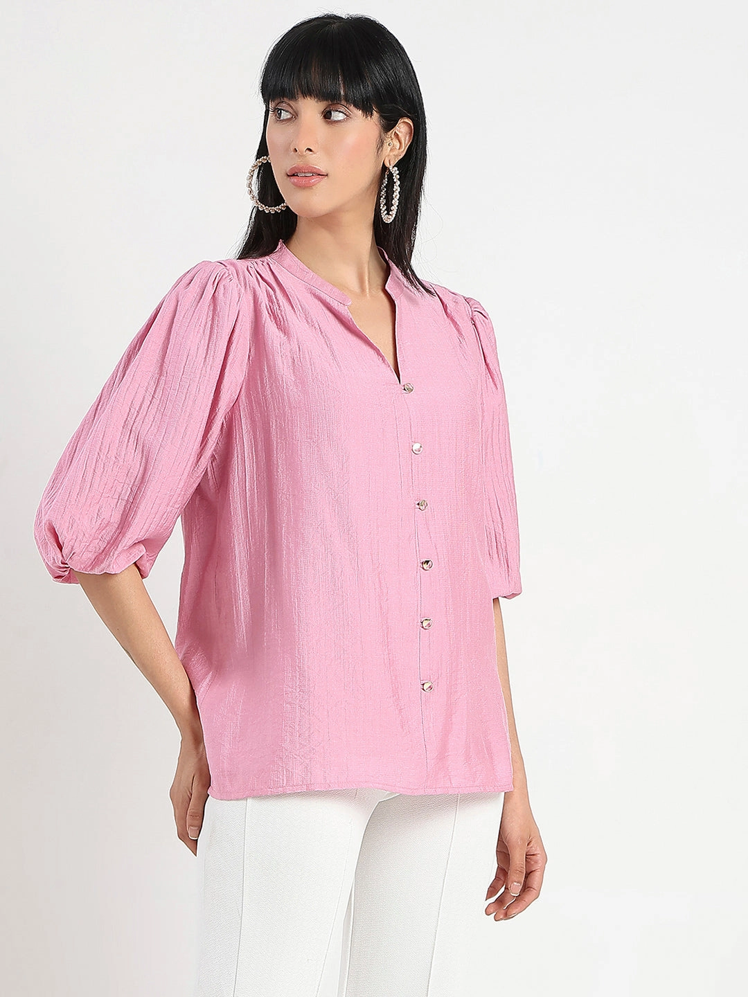 Simple Shirt HeatPressedLogos Madame Textured Ruffle Neck Rayon Blend Pink Top