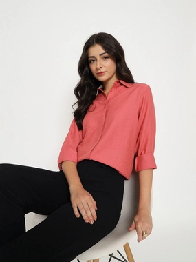 Madame Textured Solid Brick Red Rayon Blend Shirt Winter Fashion