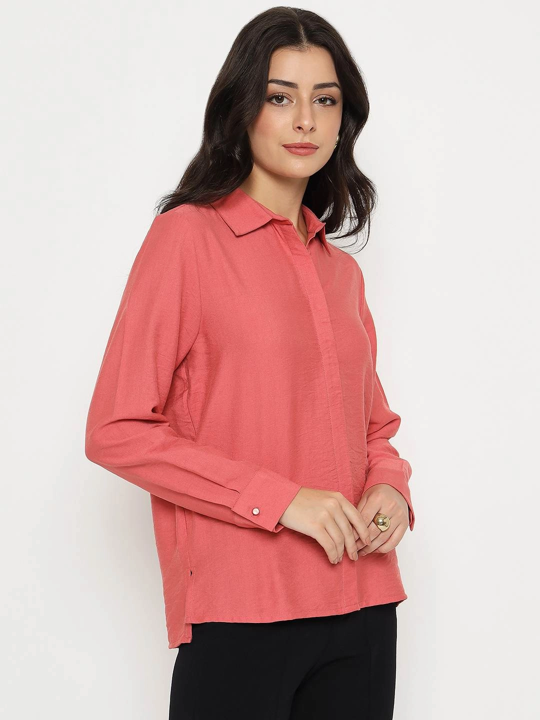 Madame Textured Solid Brick Red Rayon Blend Shirt Lightweight Weave Smart Layering