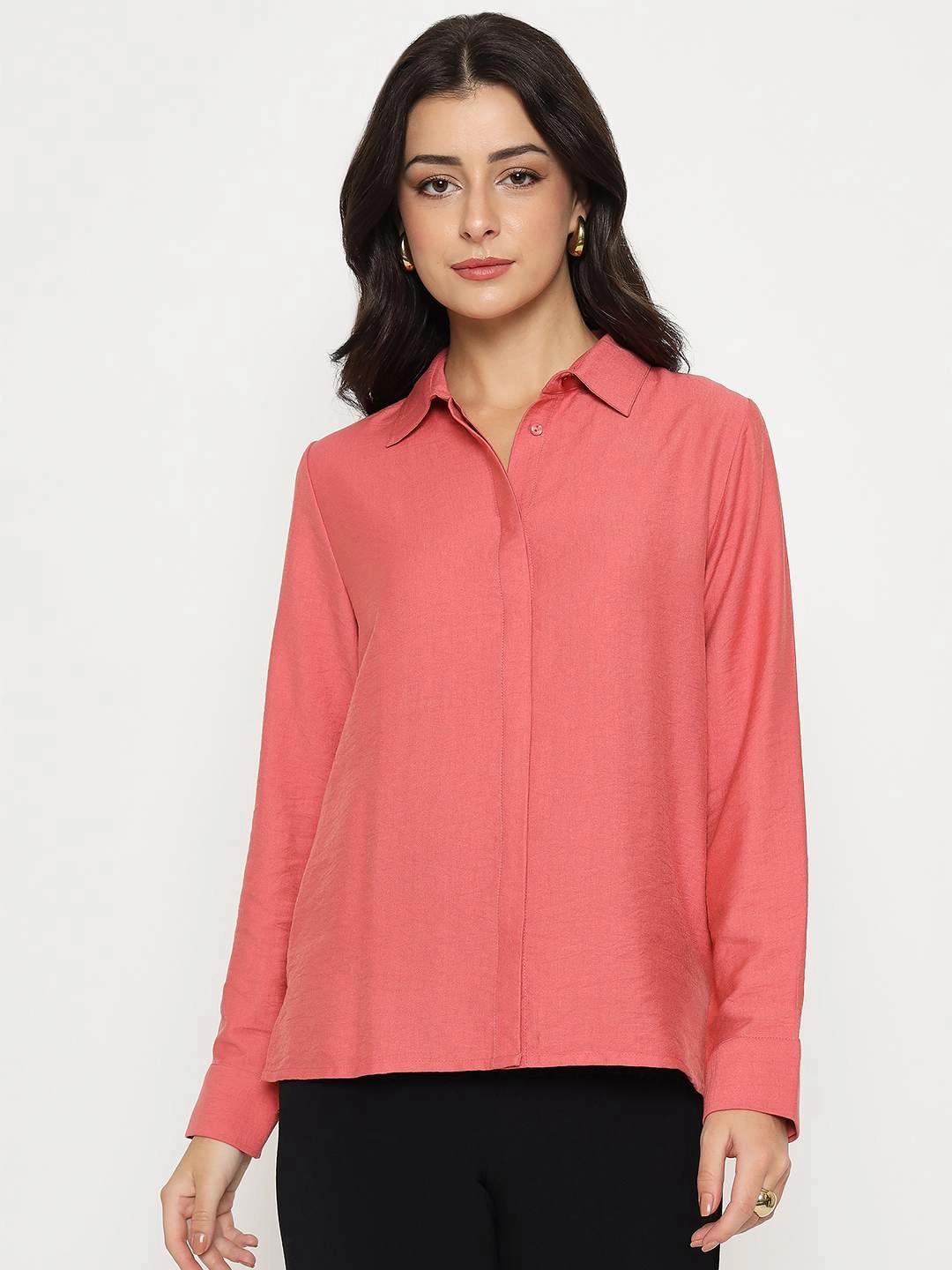 Layering Essential Madame Textured Solid Brick Red Rayon Blend Shirt