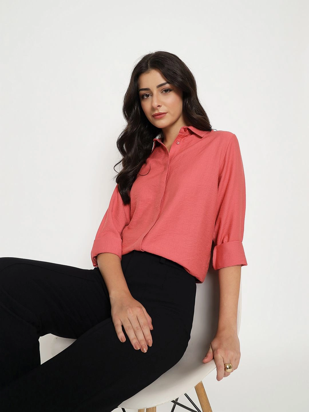 Madame Textured Solid Brick Red Rayon Blend Shirt Winter Fashion