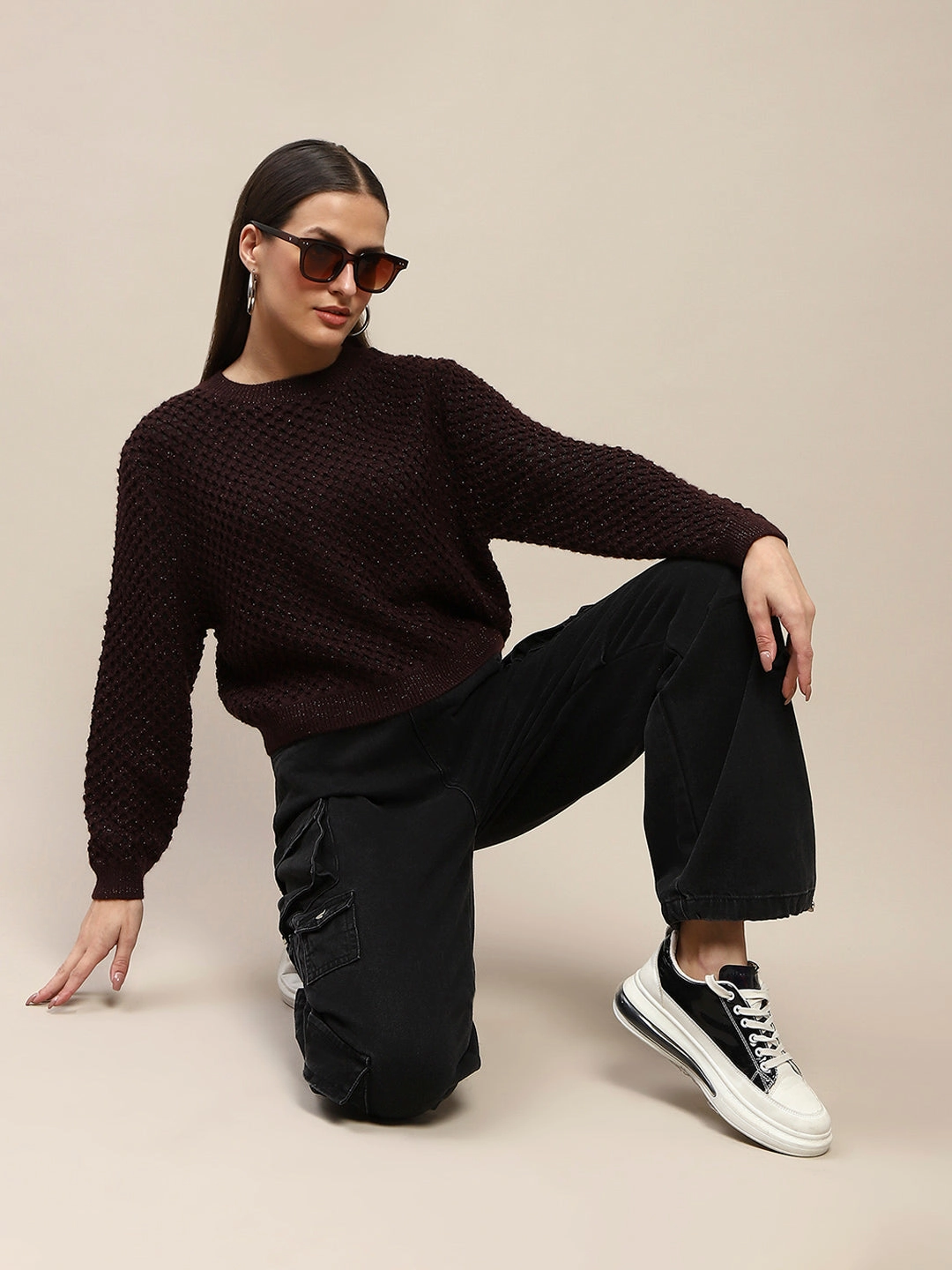 Madame Textured Solid Brown Full Sleeve Sweater Knitted Warmth Cozy Performance