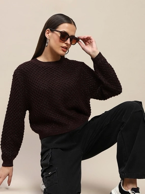 Effortless Layer Madame Textured Solid Brown Full Sleeve Sweater