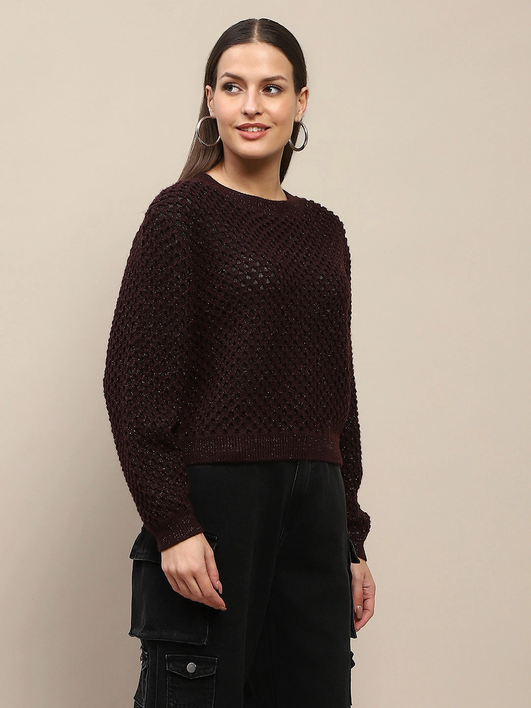 Versatile knitwear Madame Textured Solid Brown Full Sleeve Sweater