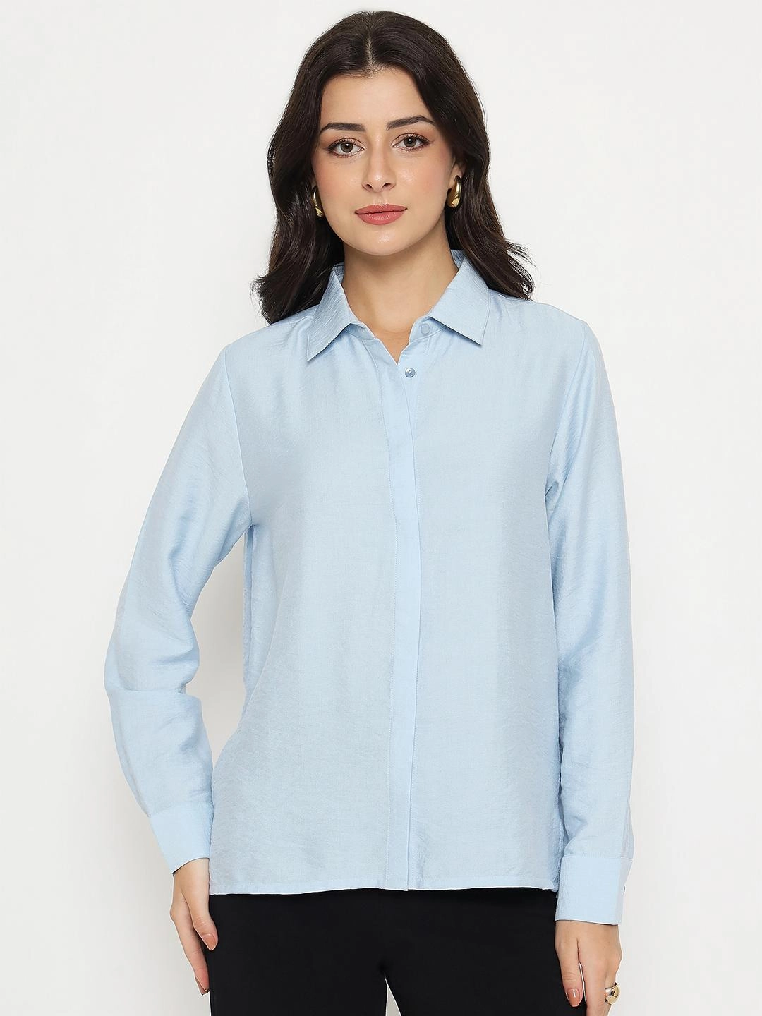 Thermal regulation Adjustable Hem Madame Textured Solid Sky Blue Rayon Blend Shirt