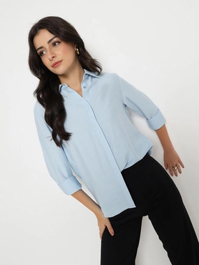 Madame Textured Solid Sky Blue Rayon Blend Shirt shopping spree Smooth Texture