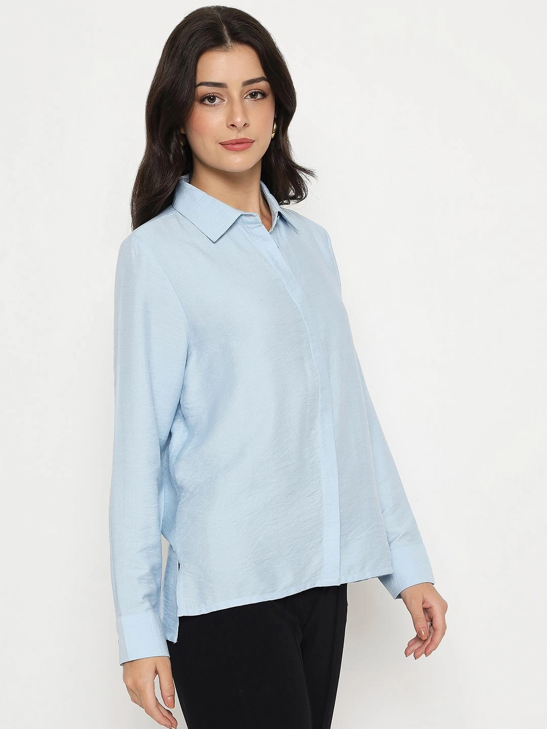 Madame Textured Solid Sky Blue Rayon Blend Shirt All-Purpose Wear