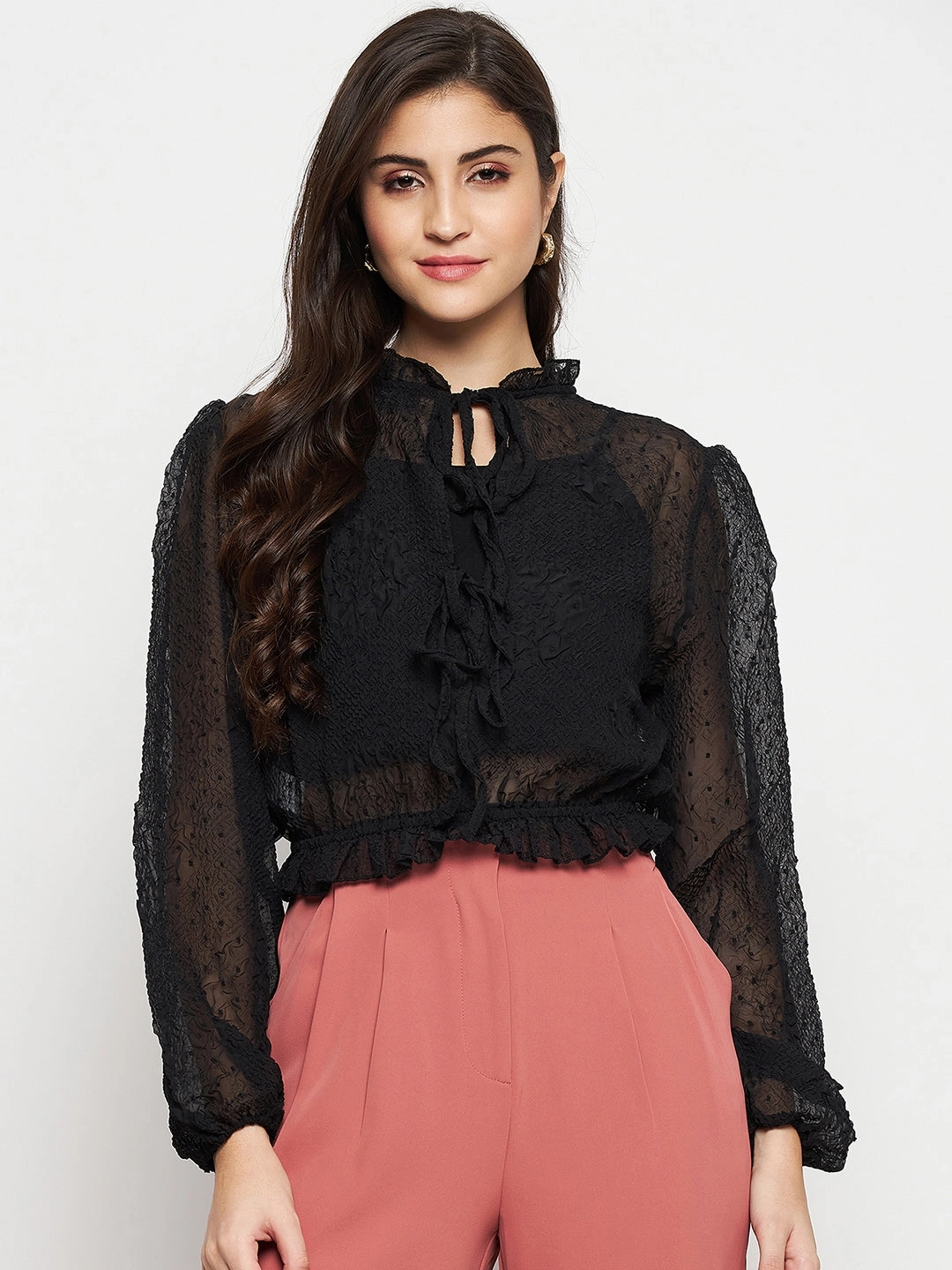 Madame Textured Swiss Dot Detail Black Peplum Top Thermal Regulation Technology UltravioletProtectionFabric