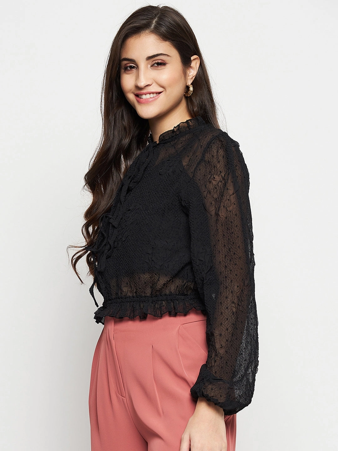 Madame Textured Swiss Dot Detail Black Peplum Top Reinforced Buttonholes