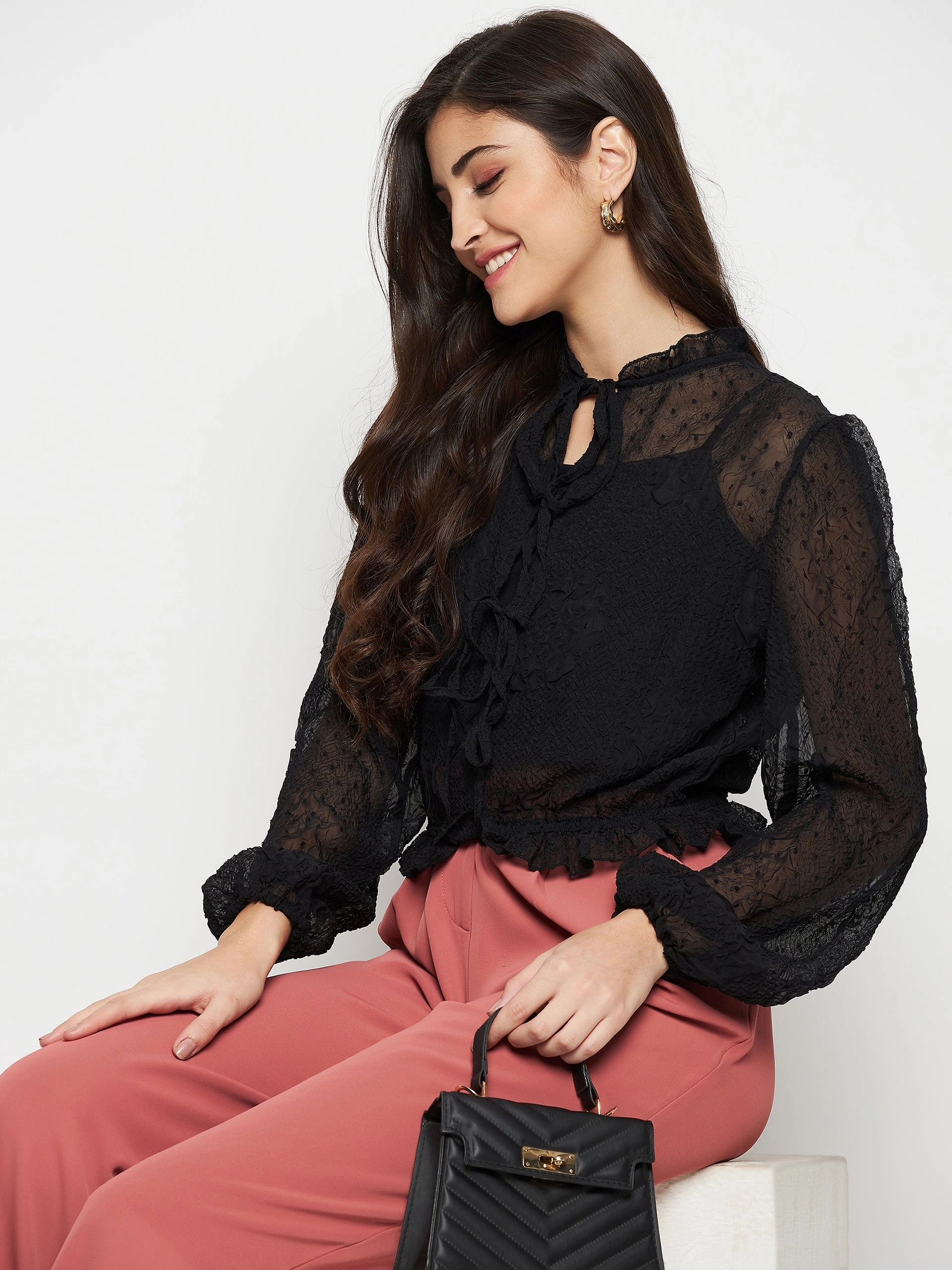 PlushLining Madame Textured Swiss Dot Detail Black Peplum Top