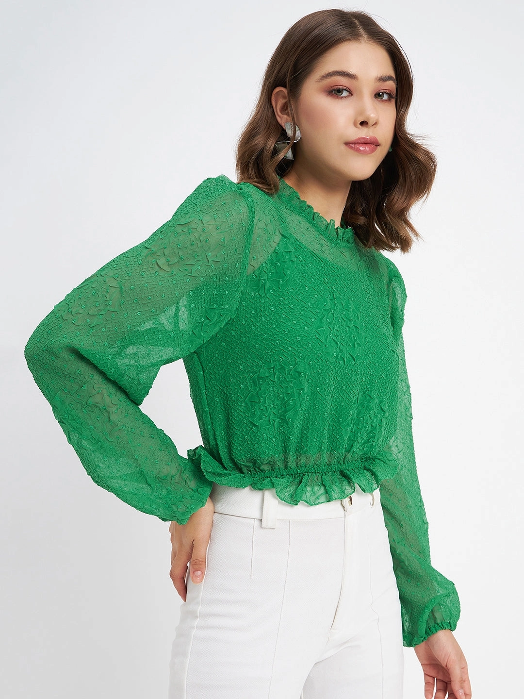 Madame Textured Swiss Dot Detail Green Peplum Top Quick Access Zipper