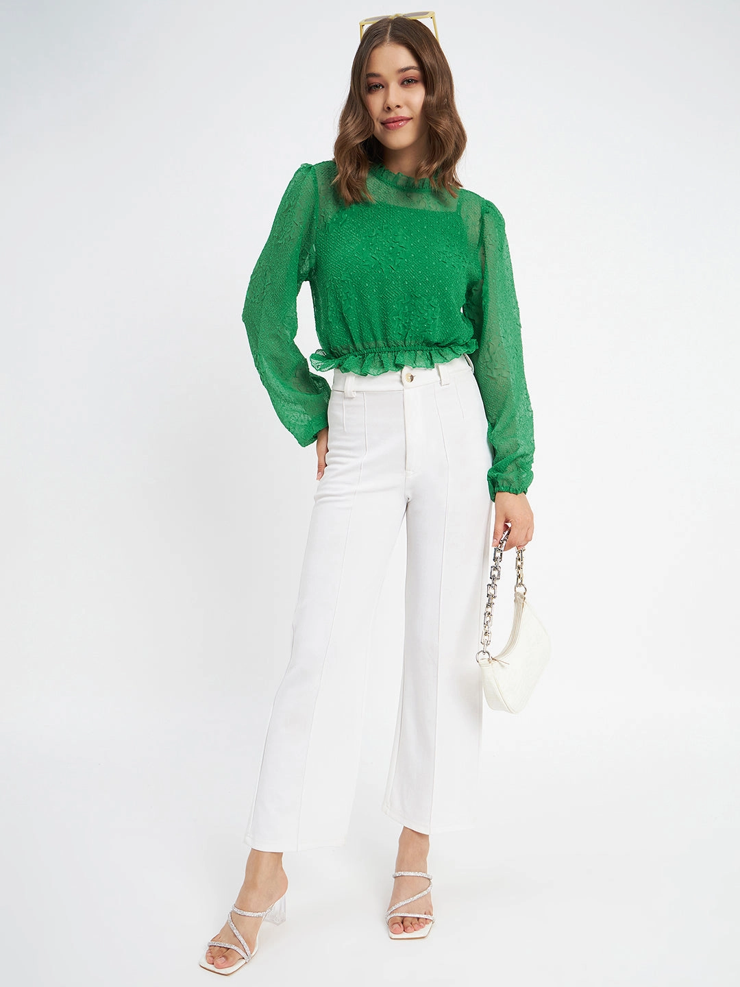 Scoop Neck Shape SheerLayering Madame Textured Swiss Dot Detail Green Peplum Top