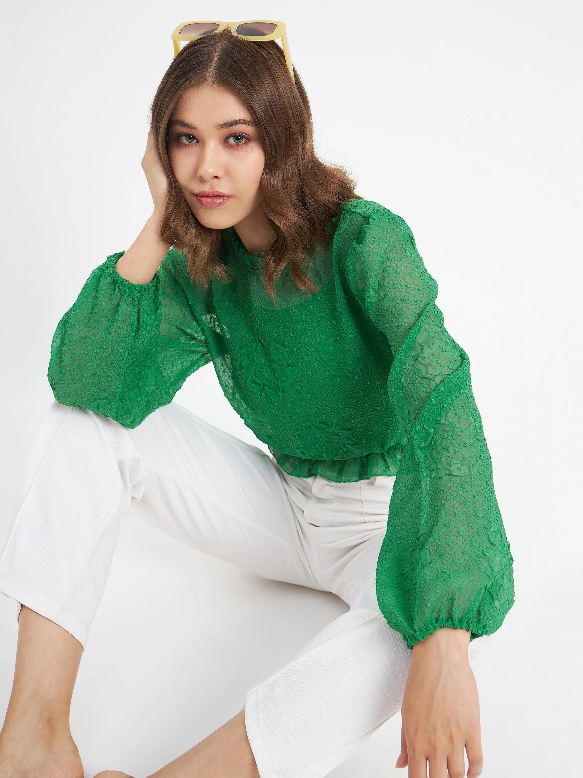 ButtonlessClosure Structured Shoulder Madame Textured Swiss Dot Detail Green Peplum Top