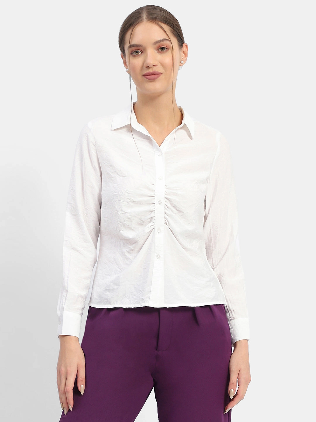 Madame Textured White Ruched Shirt Sleek Silhouette