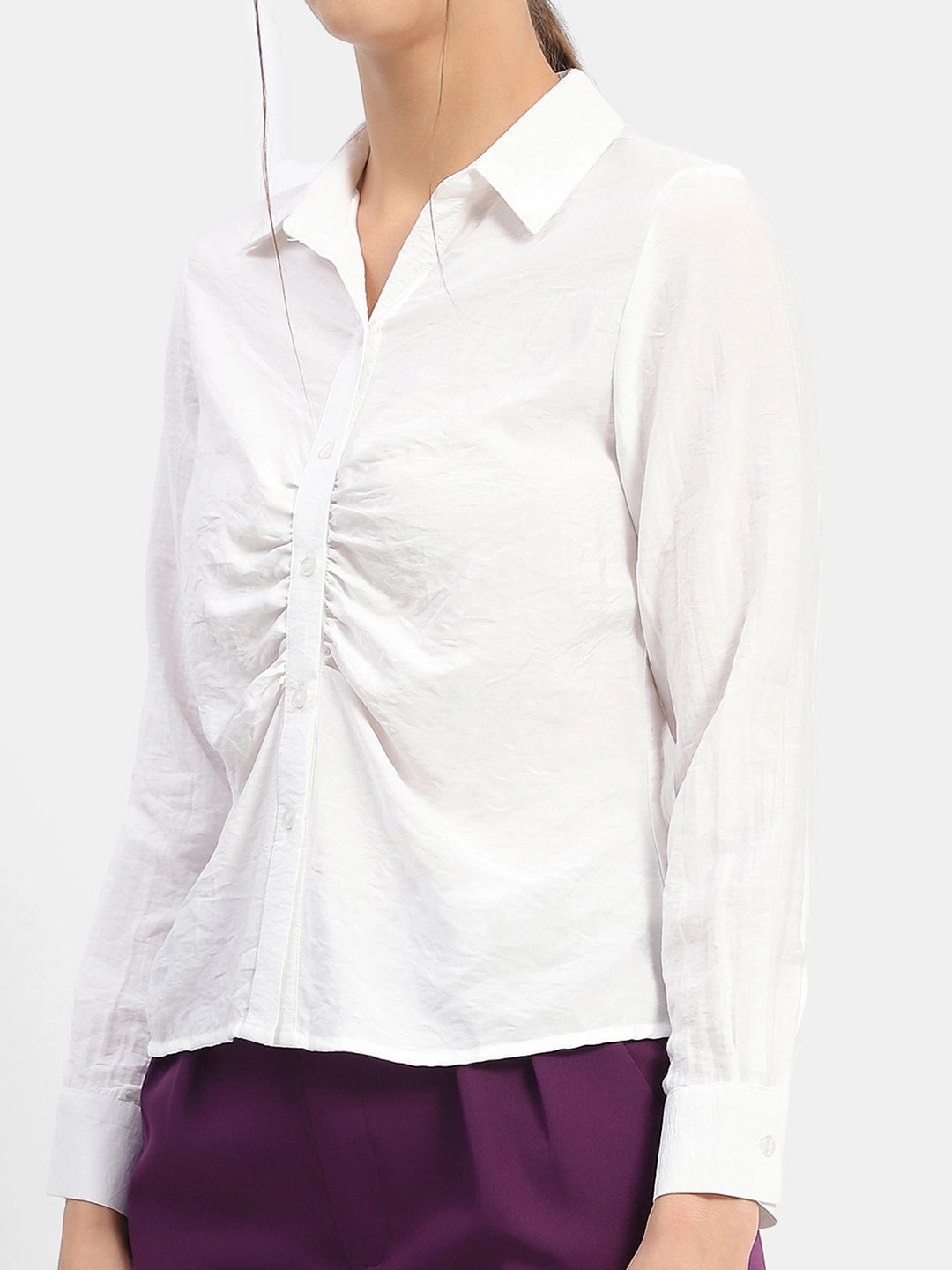 Holiday Style Madame Textured White Ruched Shirt