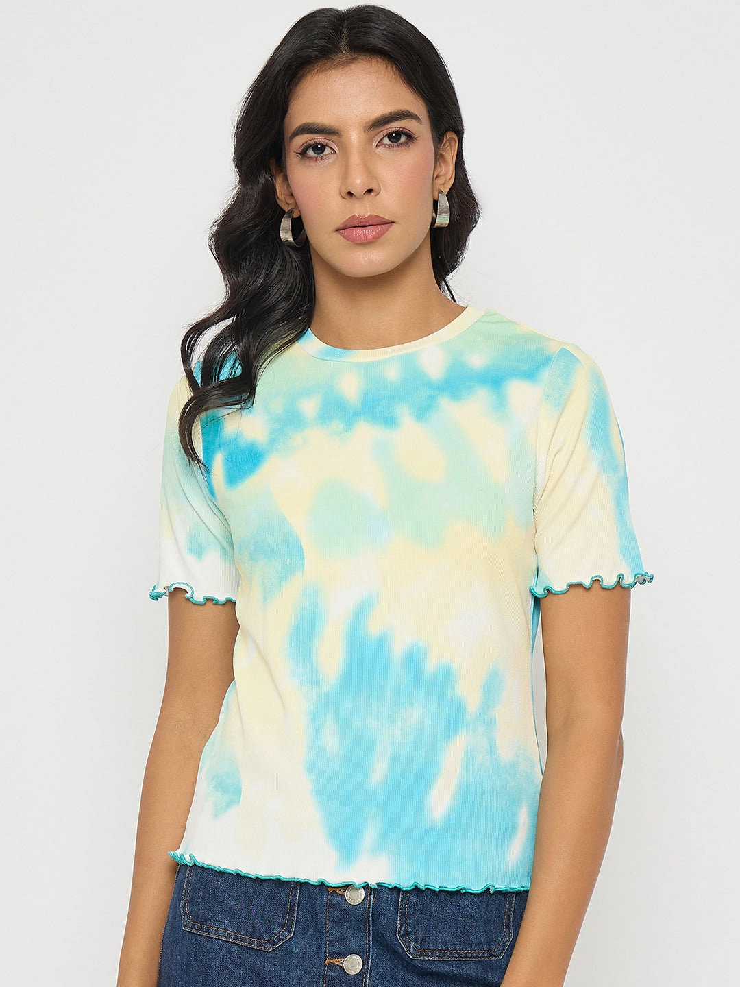 Madame Tie-Dye Lettuce Hem Aqua Blue T-Shirt Relaxed Tee NonRestrictiveCollar