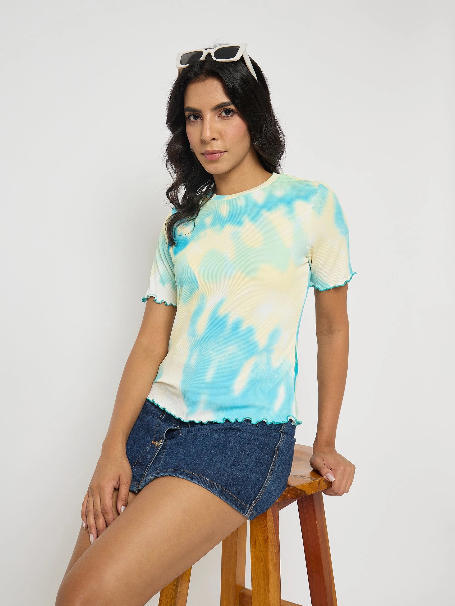 Madame Tie-Dye Lettuce Hem Aqua Blue T-Shirt Adjustable drawstring