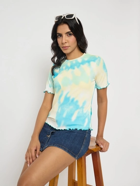 Madame Tie-Dye Lettuce Hem Aqua Blue T-Shirt Adjustable drawstring