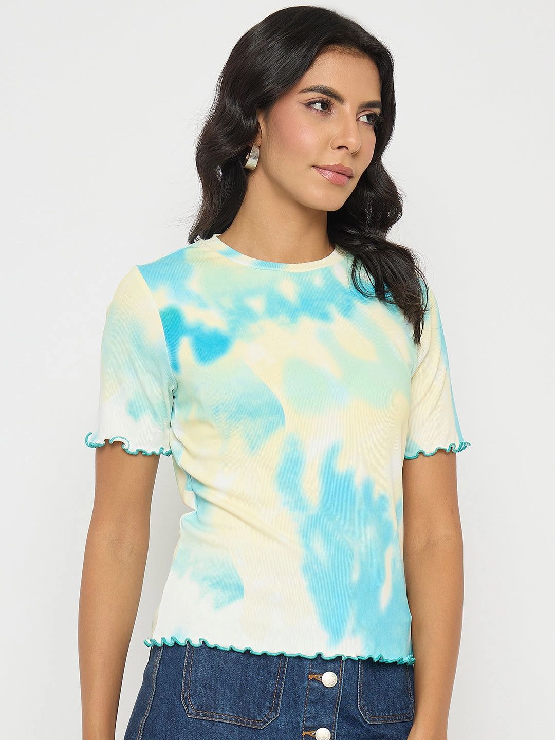 Weighted Hem Trim Modular Layering System Madame Tie-Dye Lettuce Hem Aqua Blue T-Shirt