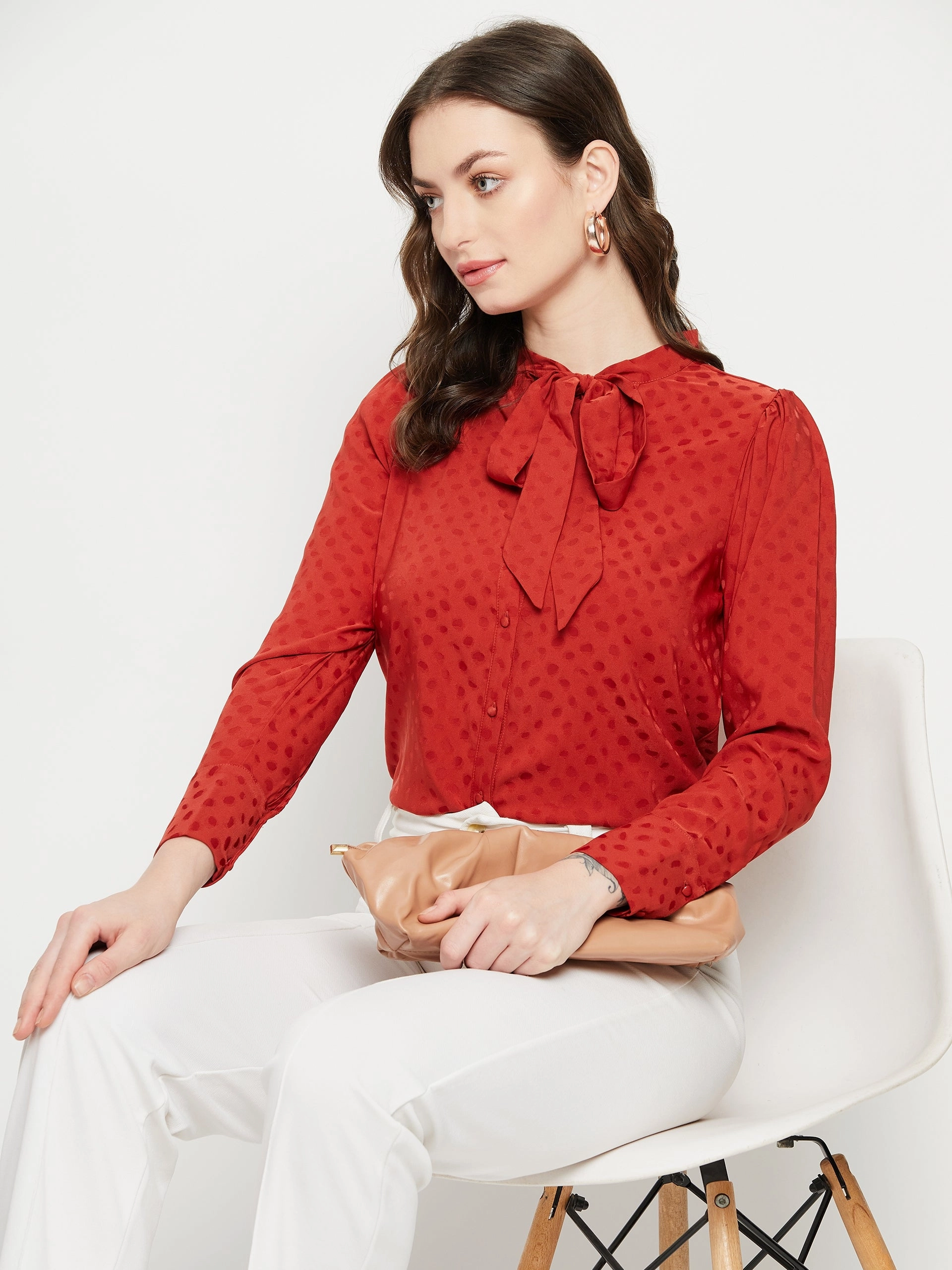 Seasonal Fashion Madame Tie-Up Neck Solid Rust Orange Shirt