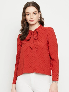 Seasonal Wear Madame Tie-Up Neck Solid Rust Orange Shirt